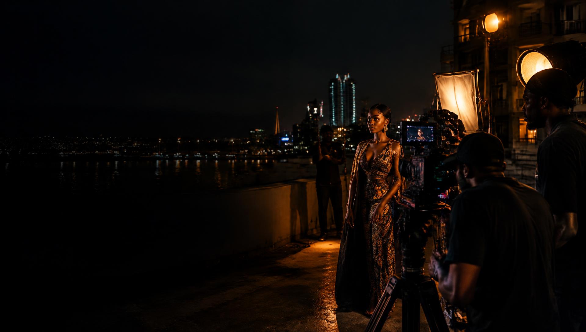 Film production at night in Lagos